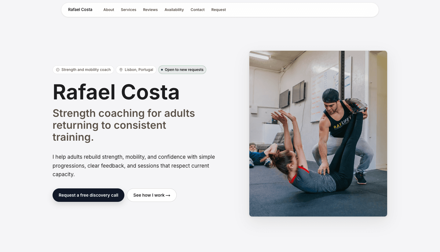 Example Coloseos coach website hero screenshot for Rafael Costa.