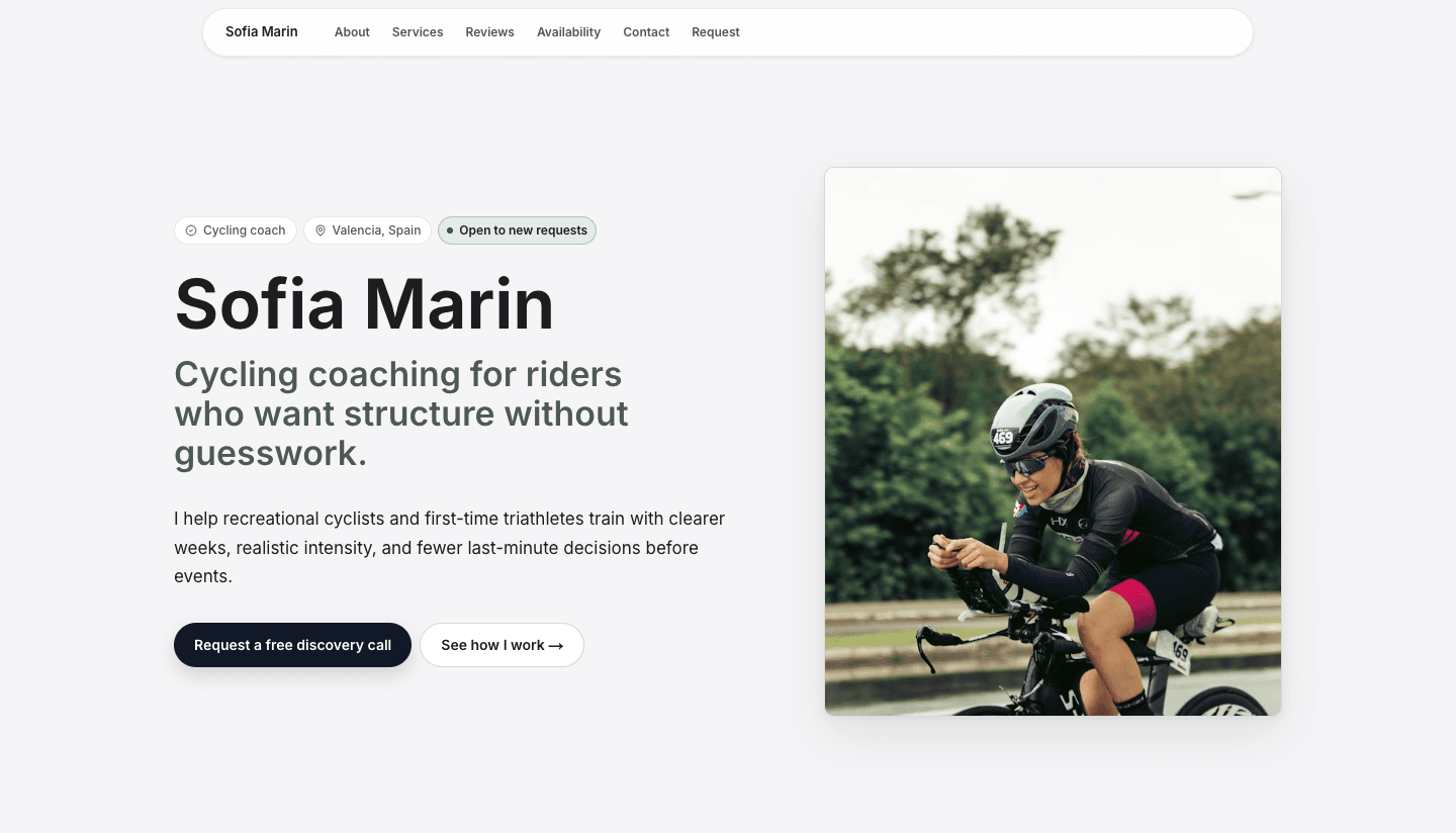 Example Coloseos coach website hero screenshot for Sofia Marin.