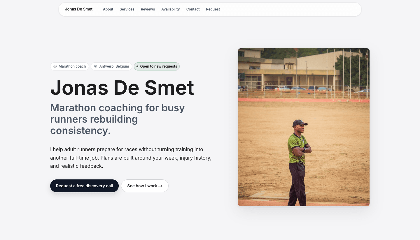 Example Coloseos coach website hero screenshot for Jonas De Smet.