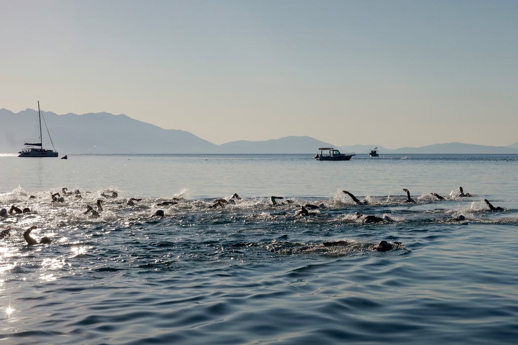 Open-water swim group during training.